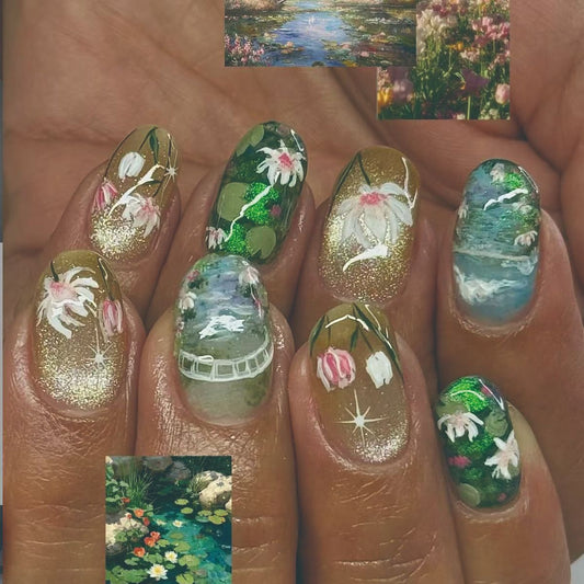 Serene Garden Escape Medium Square Green Floral Art Press On Nail Set