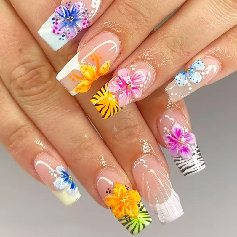 Tropical Paradise Medium Square Colorful Floral Press On Nail Set