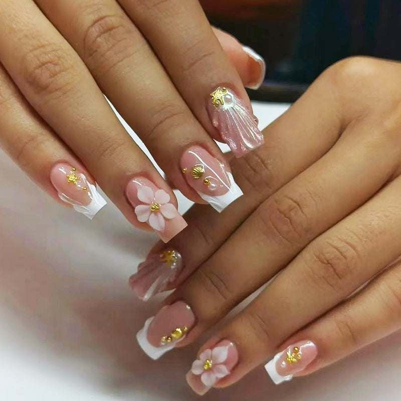 Glamorous Floral Medium Square Pink with Gold Accents Press On Nail Set