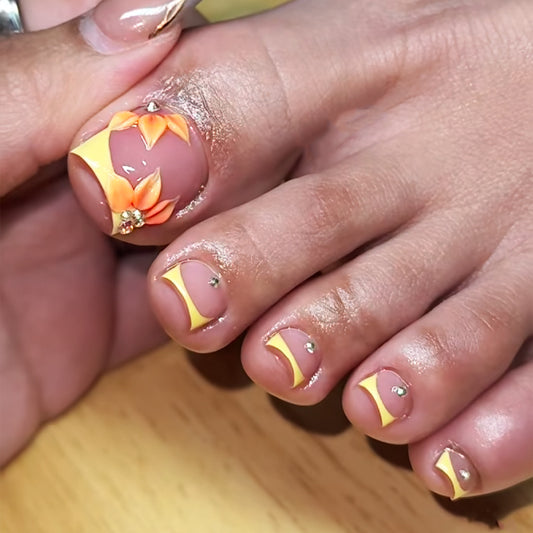 Tropical Delight Short Square Yellow Floral Press On Toenail Set with Gem Accents