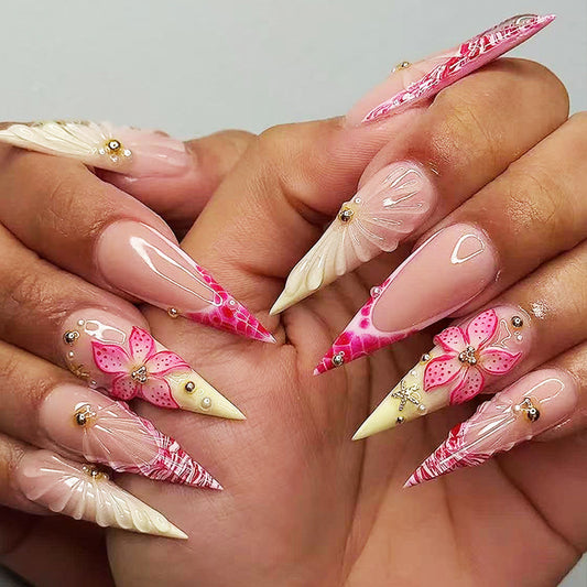 Tropical Elegance Long Stiletto Pink Floral Press On Nail Set