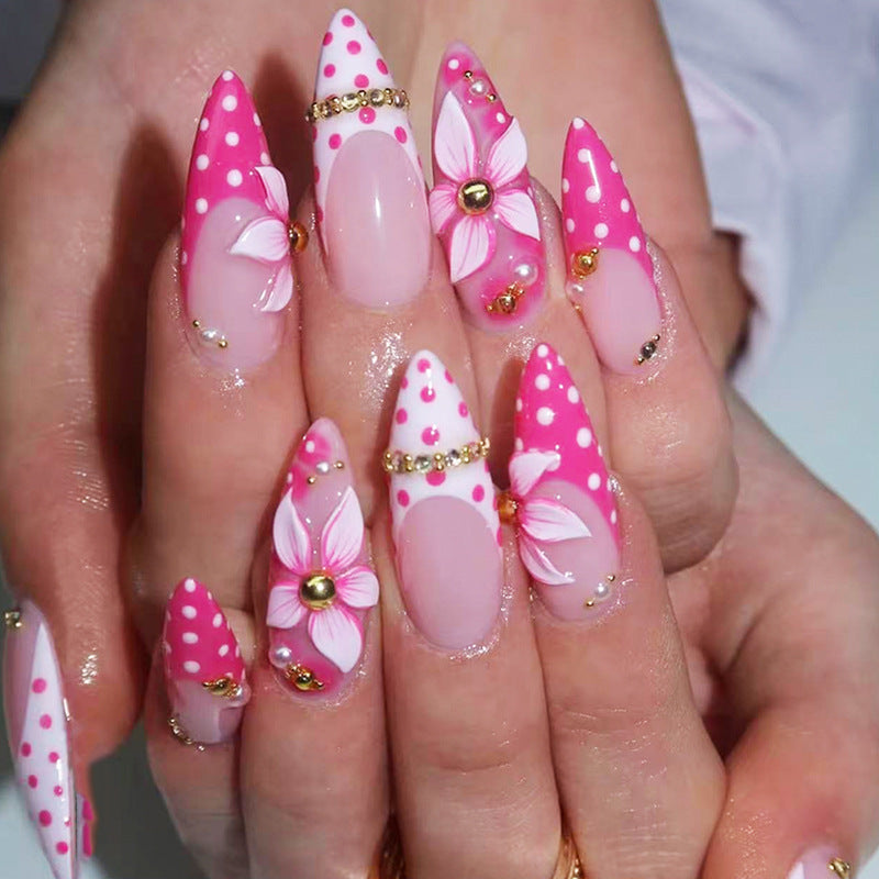 Charming Floral Fantasy Medium Almond Pink Nails with Delightful Dot Design and Elegant Flower Accents