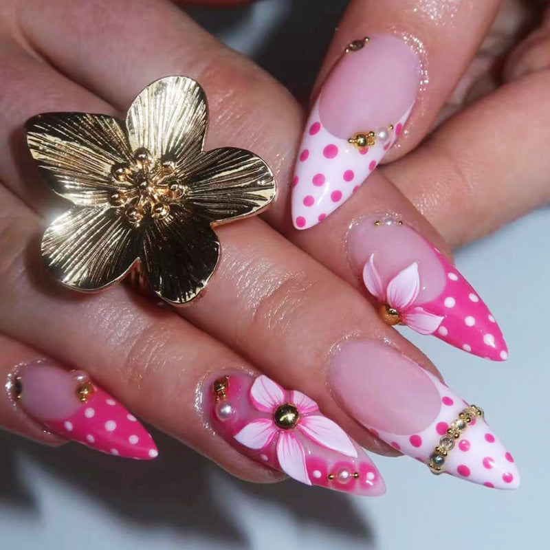 Floral Dreams Medium Almond Pink Press On Nail Set with Charming Floral Accents