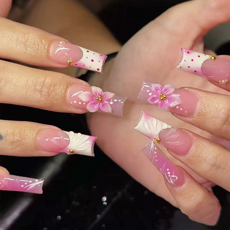 Floral Fantasy Long Square Pink Ombre with Artistic Flower Designs