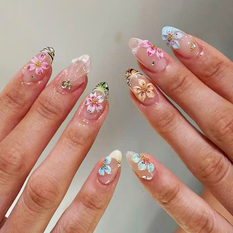 Floral Fantasy Medium Almond Pink and Blue Press on Nail Set with Glitter Accents
