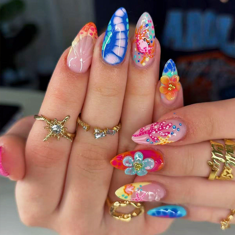 Vibrant Summer Medium Almond Multicolor Floral Nail Press Set