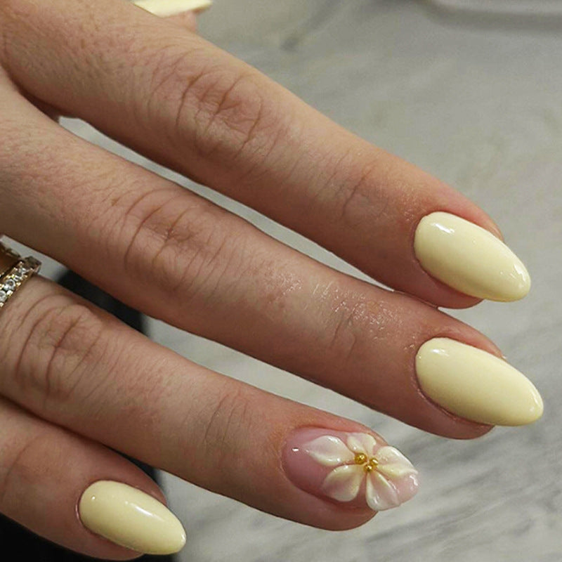 Blooming Elegance Medium Almond Soft Yellow with Floral Accent Press on Nail Set