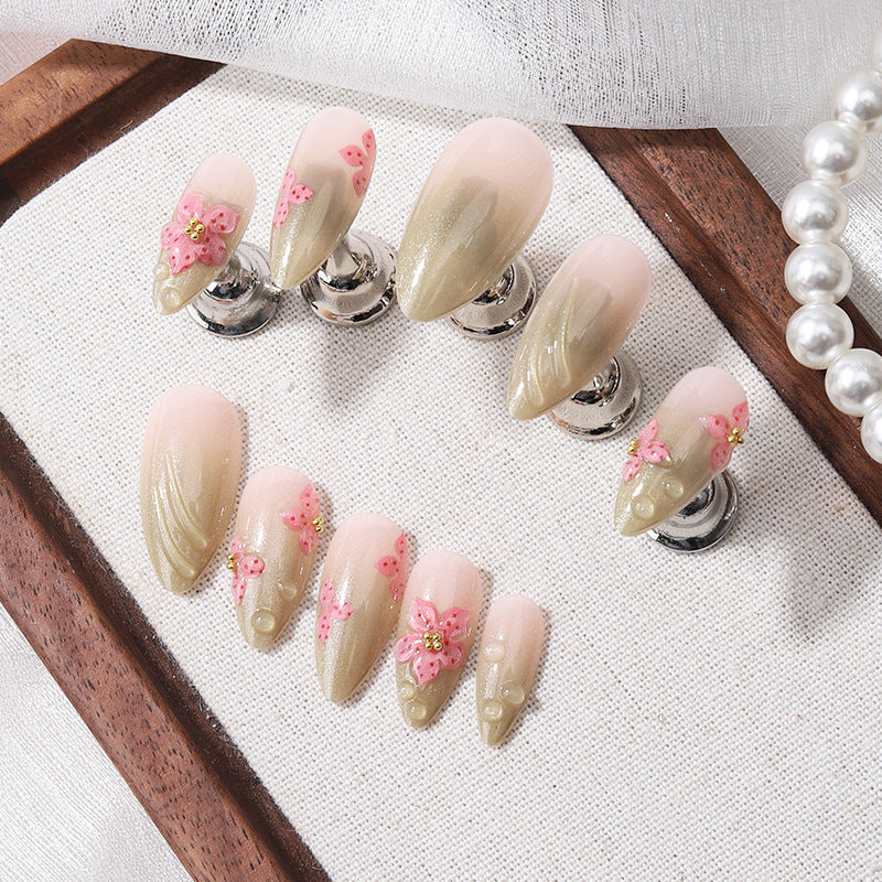 Blossom Elegance Short Almond Pink Floral Press on Nail Set