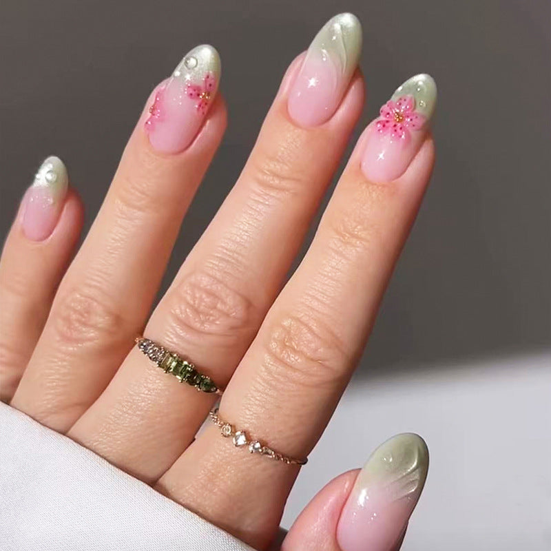 Blossoming Elegance Long Almond Pink with Floral Accents Press On Nail Set