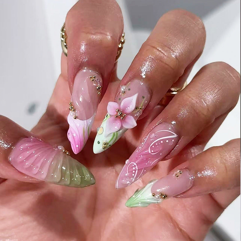 Whimsical Floral Fantasy Long Almond Pink and Green Nail Set with Unique Three-Dimensional Design