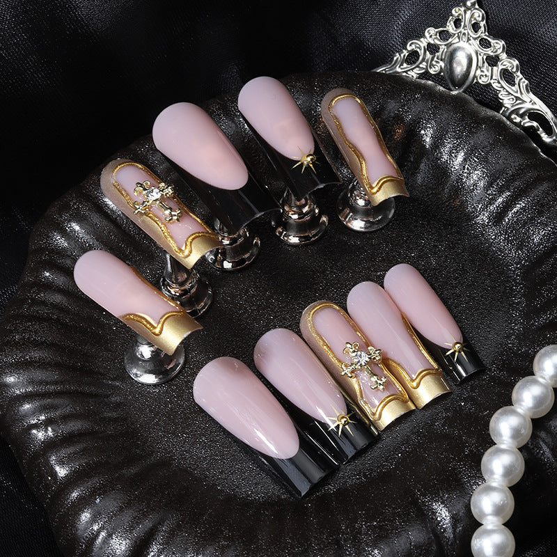 Elegant Glamour Long Square Blush with Gold Detailing Press On Nail Set