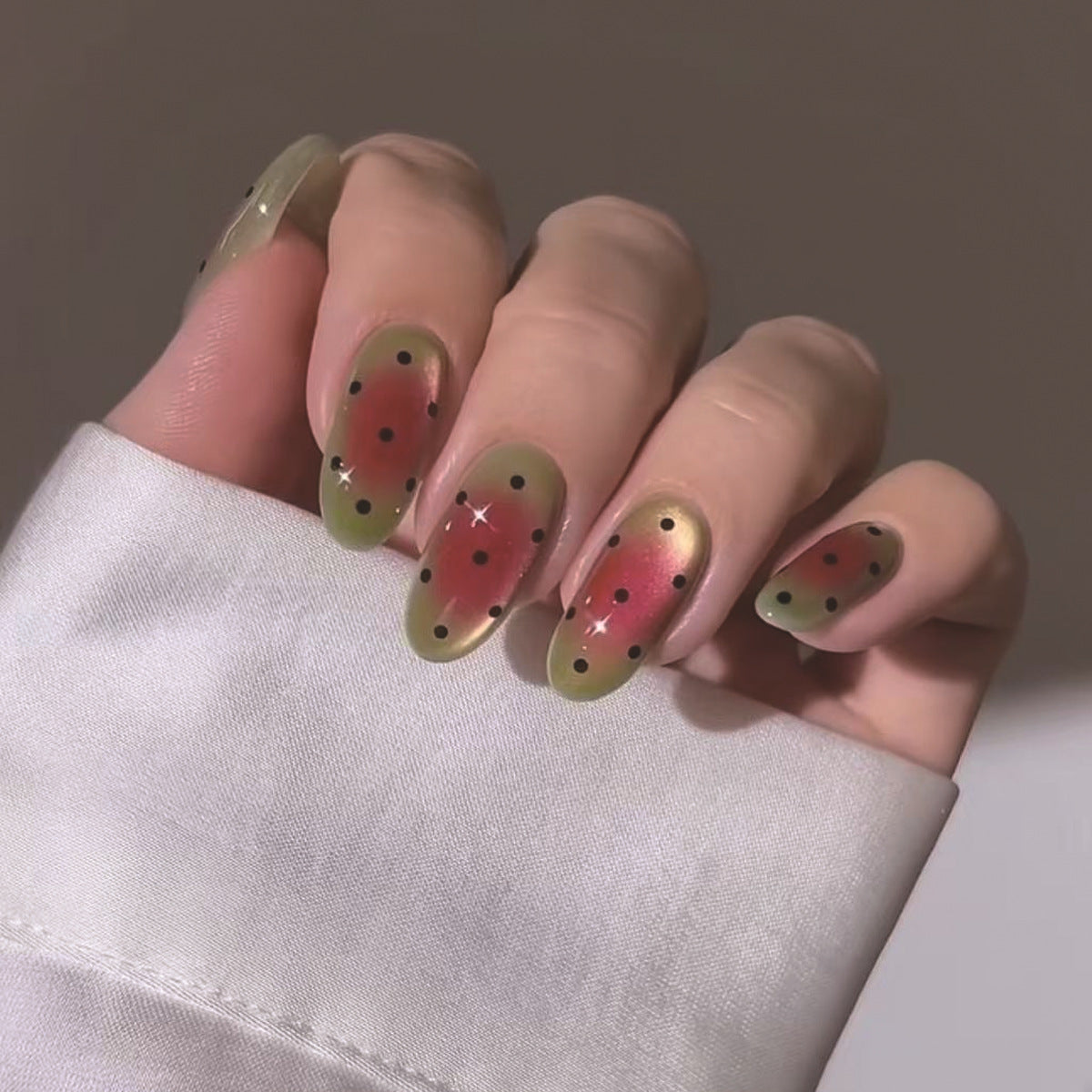 Watermelon Delight Long Oval Green and Red Gradient Nails with Black Dots