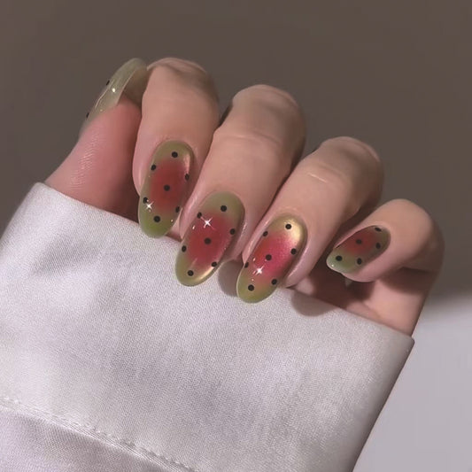 Watermelon Delight Long Oval Green and Red Gradient Nails with Black Dots