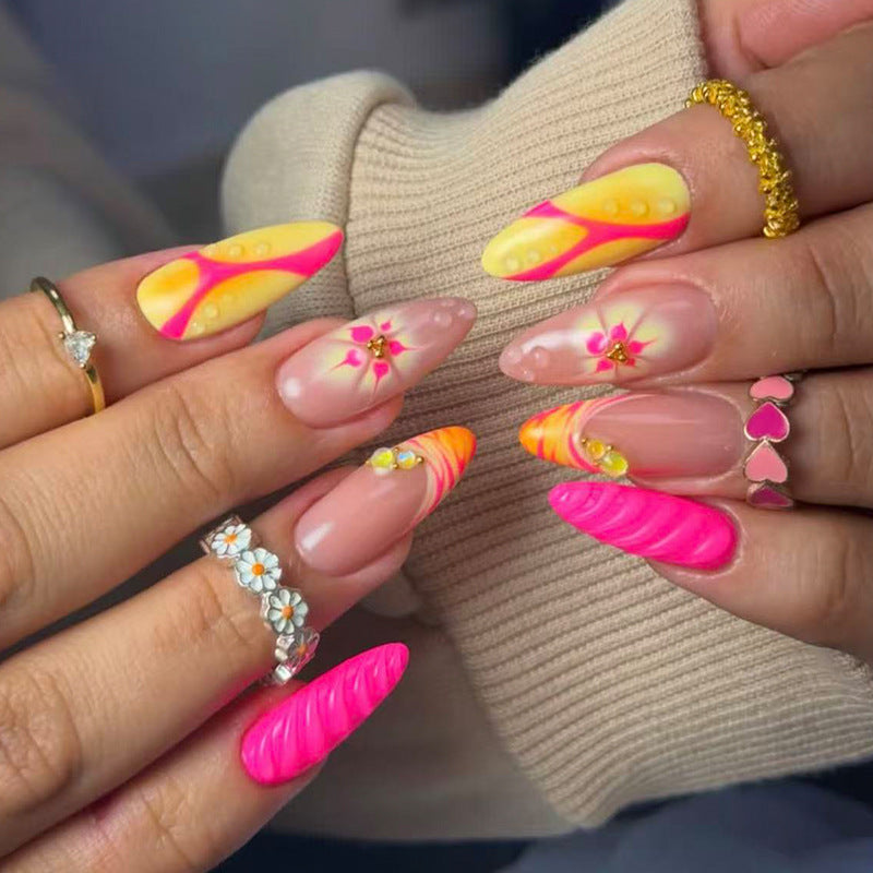 Tropical Vibe Medium Almond Neon Pink and Yellow Press-On Nail Set with Unique Textured Design