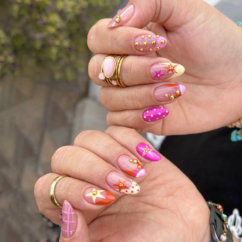 Starry Night Dream Medium Almond Pink with Gold Studs Press-On Nail Set