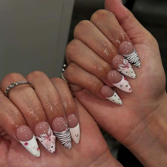 Whimsical Stiletto Long White and Zebra Print with Sparkling Gems Press On Nail Set