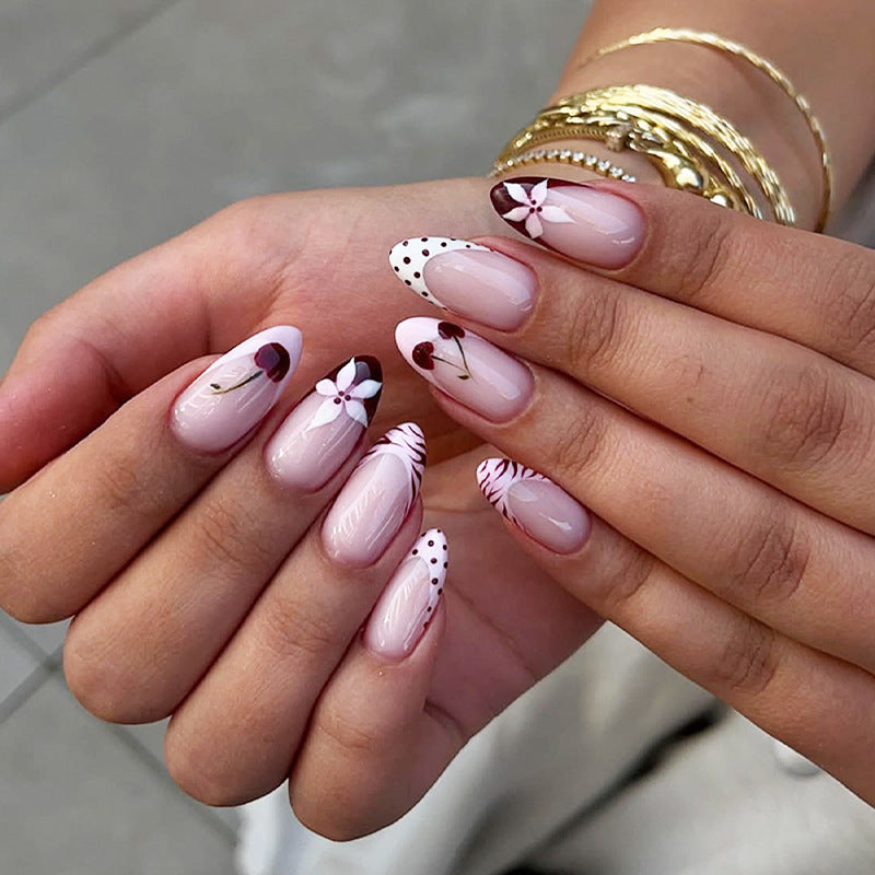 Floral Elegance Medium Almond Beige Pink Press On Nail Set with Artistic Floral Details