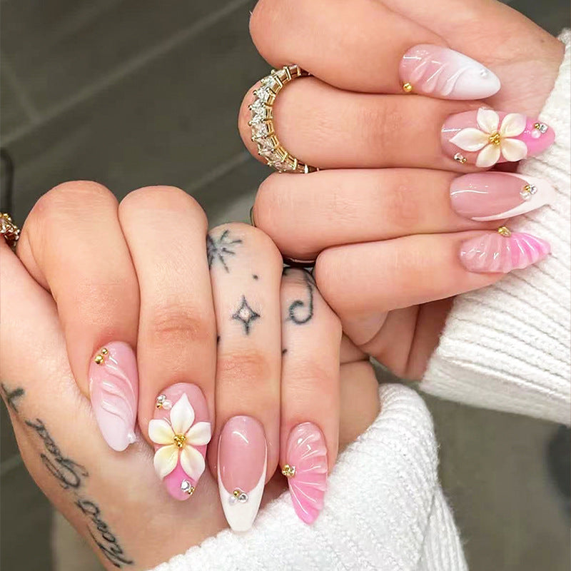 Tropical Blossom Long Almond Pink Press On Nail Set with Floral Accents