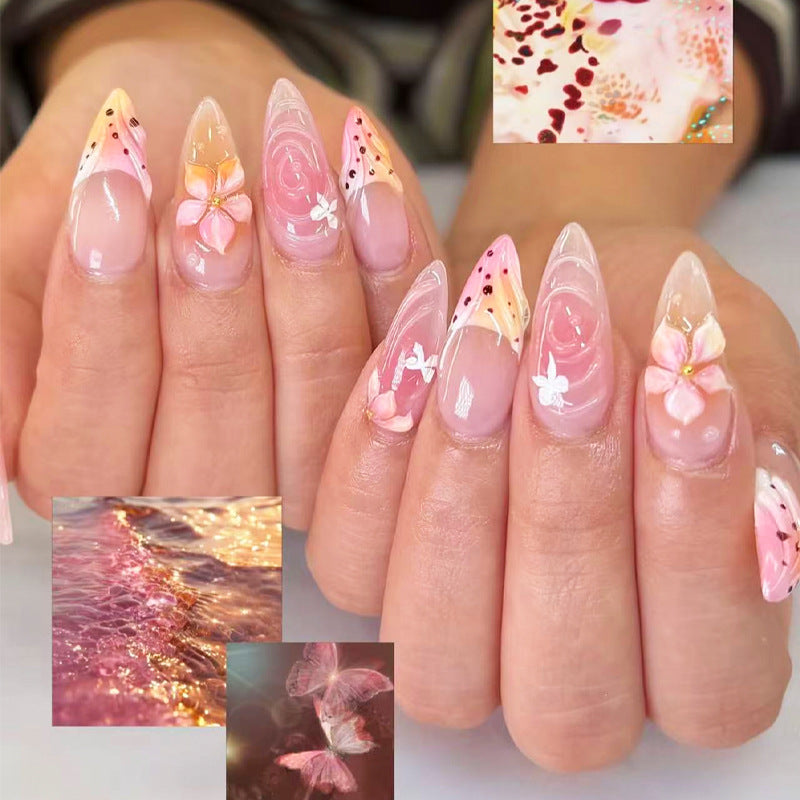 Dreamy Floral Medium Almond Pink Ombre with Delicate Flower Accents Press On Nail Set