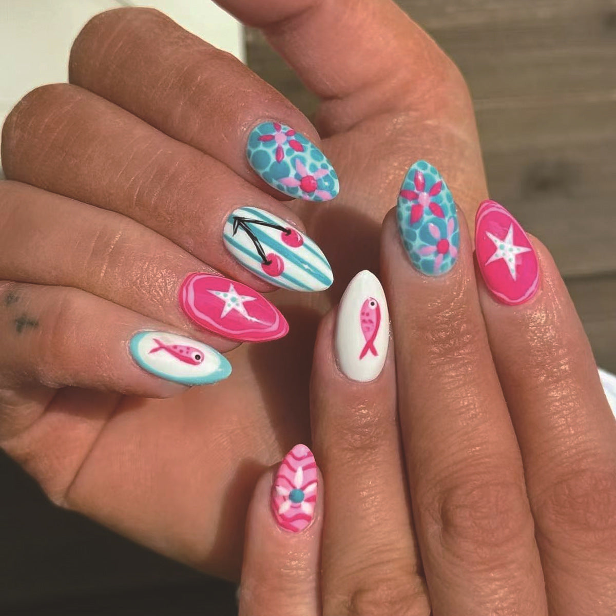 Beach Vibes Short Almond Aqua and Pink Floral Press On Nail Set