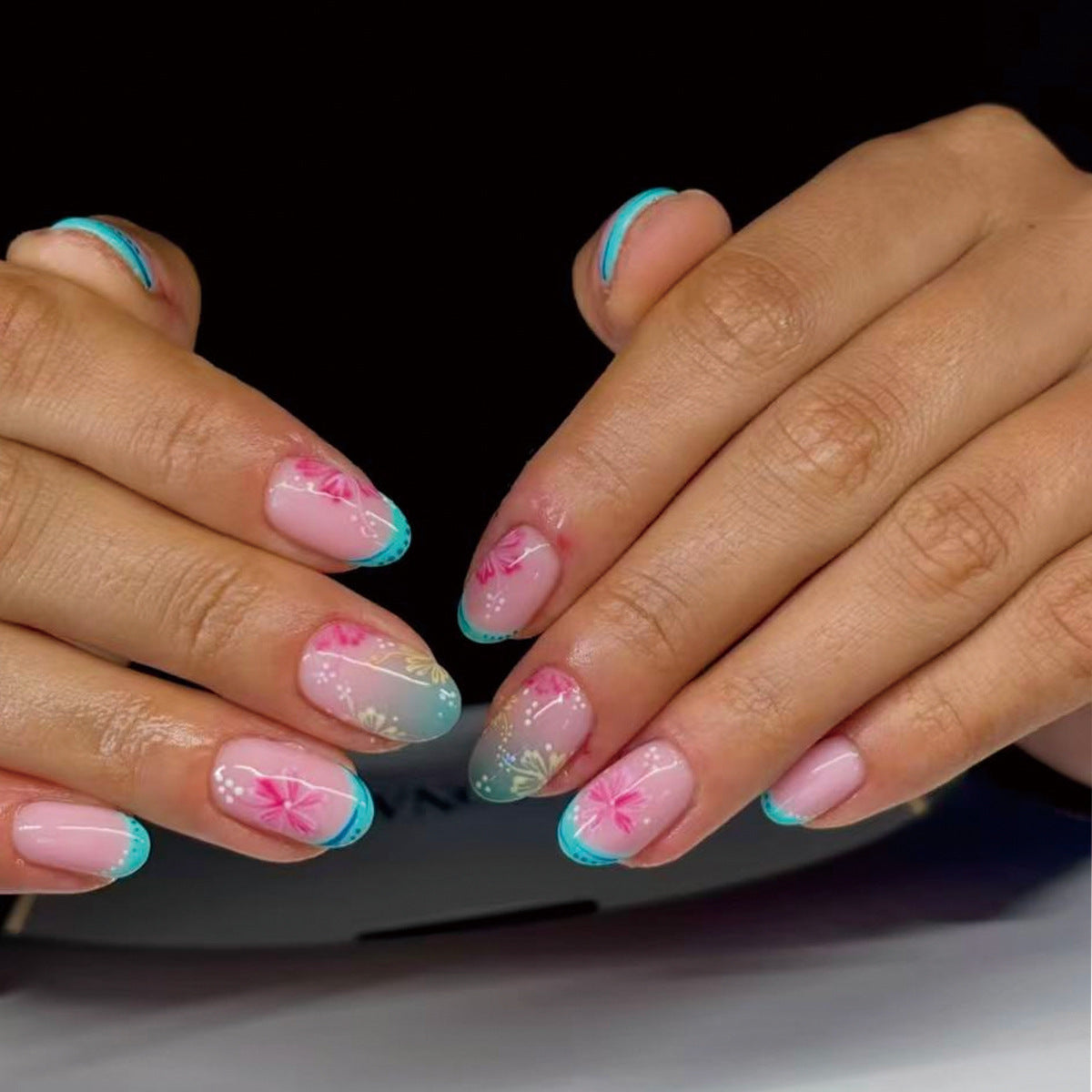 Blooming Elegance Short Almond Pink Floral French Tip Press On Nail Set