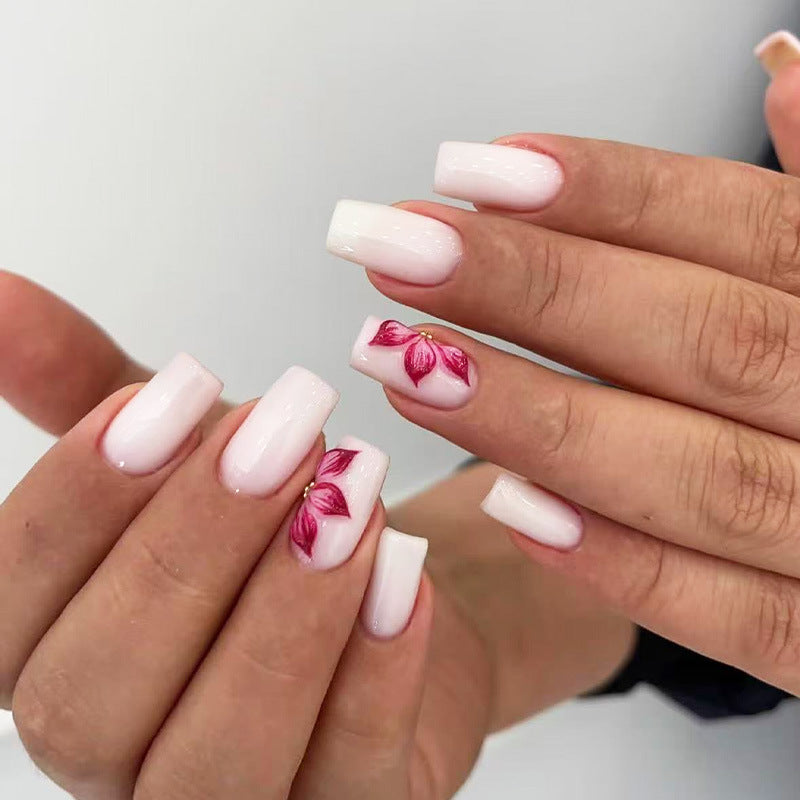 Blossom Elegance Medium Square Soft Pink with Floral Accents Nail Set