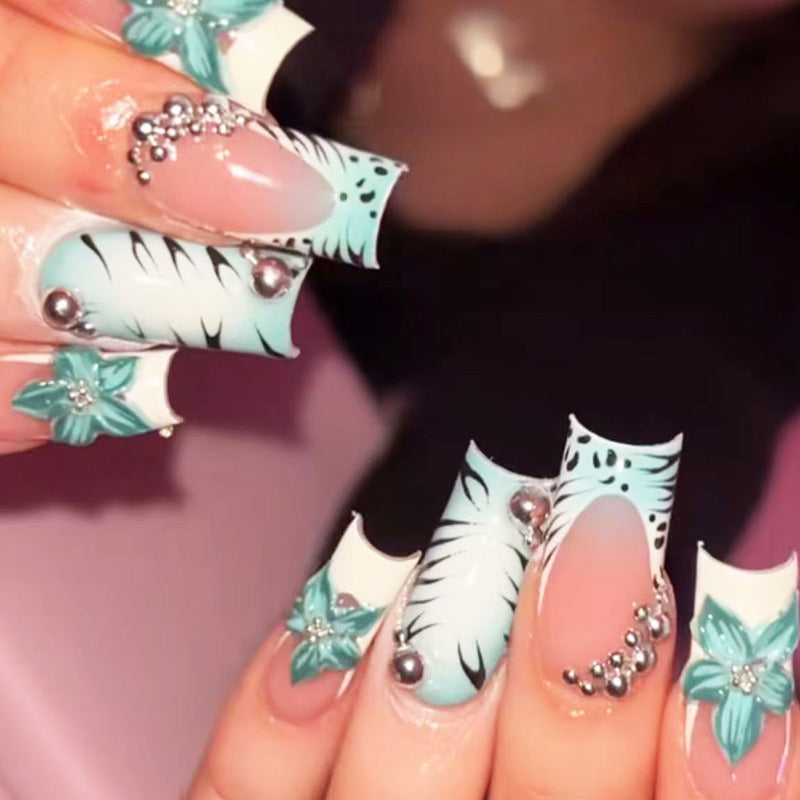 Tropical Bliss Long Square Aqua Floral Press On Nail Set with Rhinestone Accents