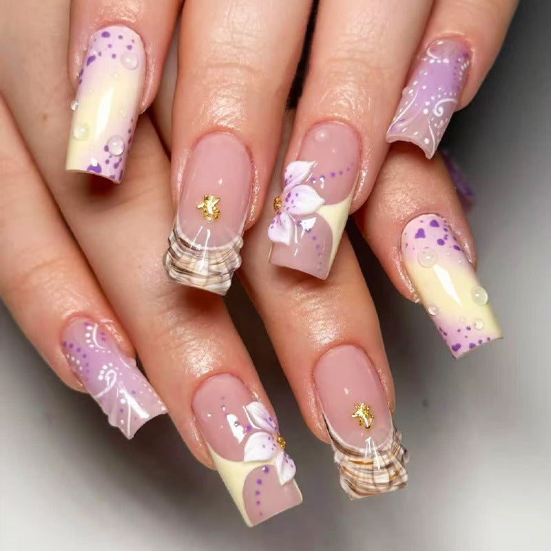 Whimsical Floral Design Long Square Lavender and Yellow Press On Nail Set with Unique Textured Elements