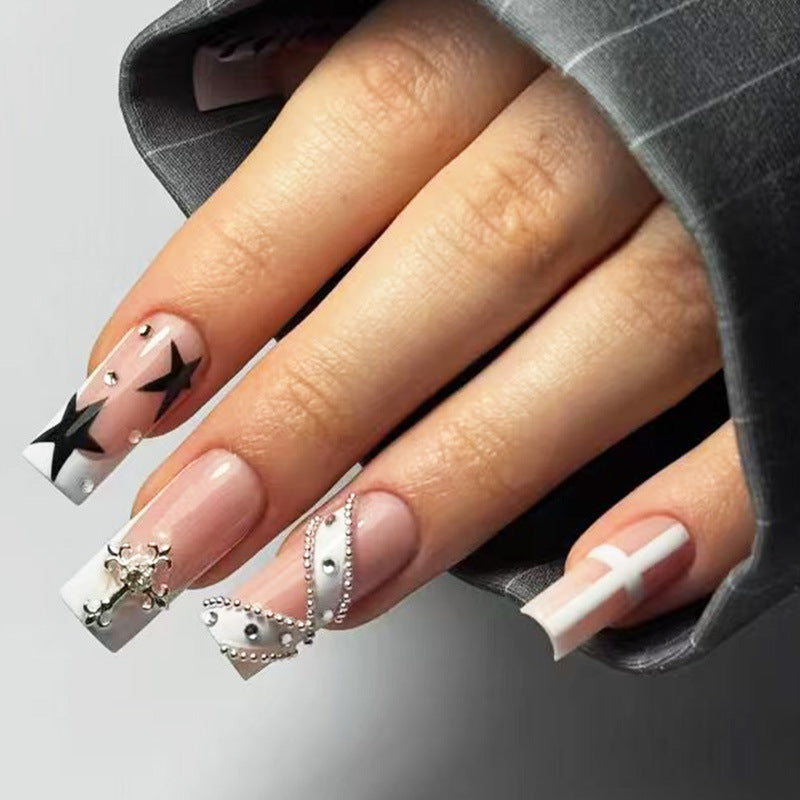 Glamorous Starry Long Square White Nail Set with Unique Gemstone Accents