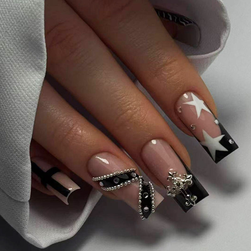 Mystical Elegance Long Square Black and White Star Accented Press On Nail Set
