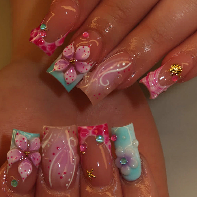 Blossom Dreaming Long Square Pink Floral Press-On Nail Set with Dazzling Embellishments