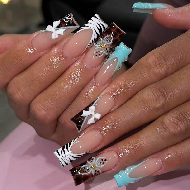 Tropical Elegance Long Square Aqua with Exquisite Floral Accents Press on Nail Set