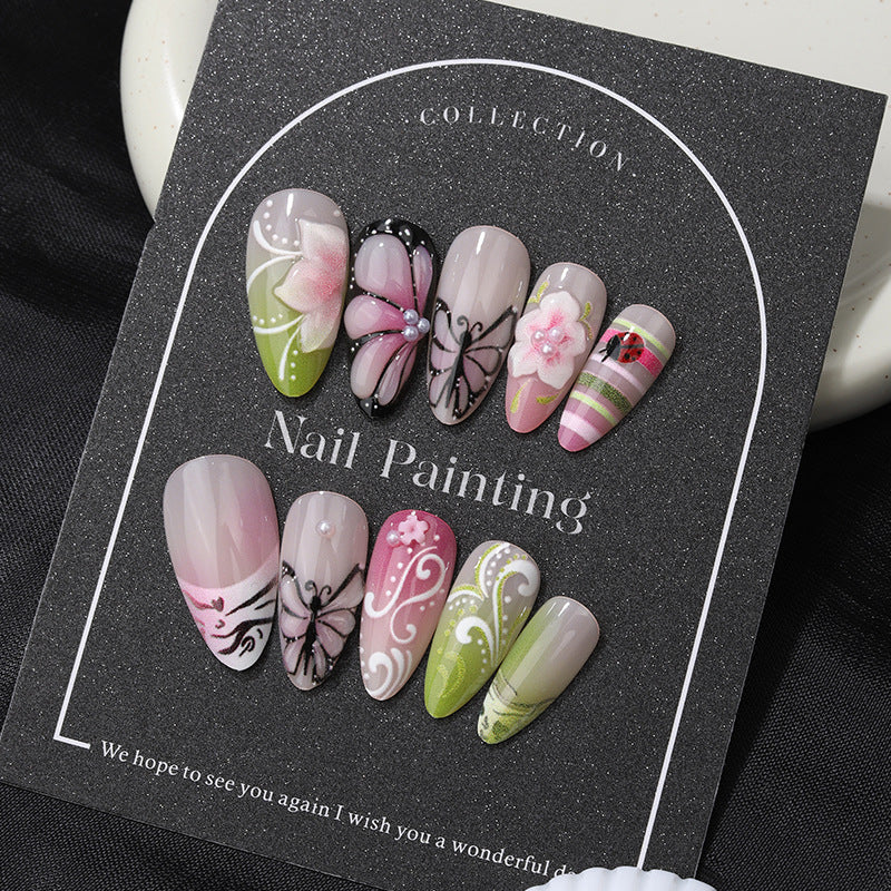 Whimsical Garden Medium Almond Light Pink with Intricate Floral Designs Press on Nail Set