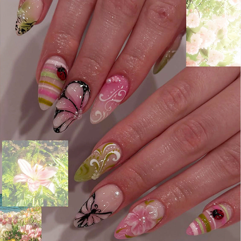 Whimsical Floral Medium Almond Multicolored Design Press-On Nail Set