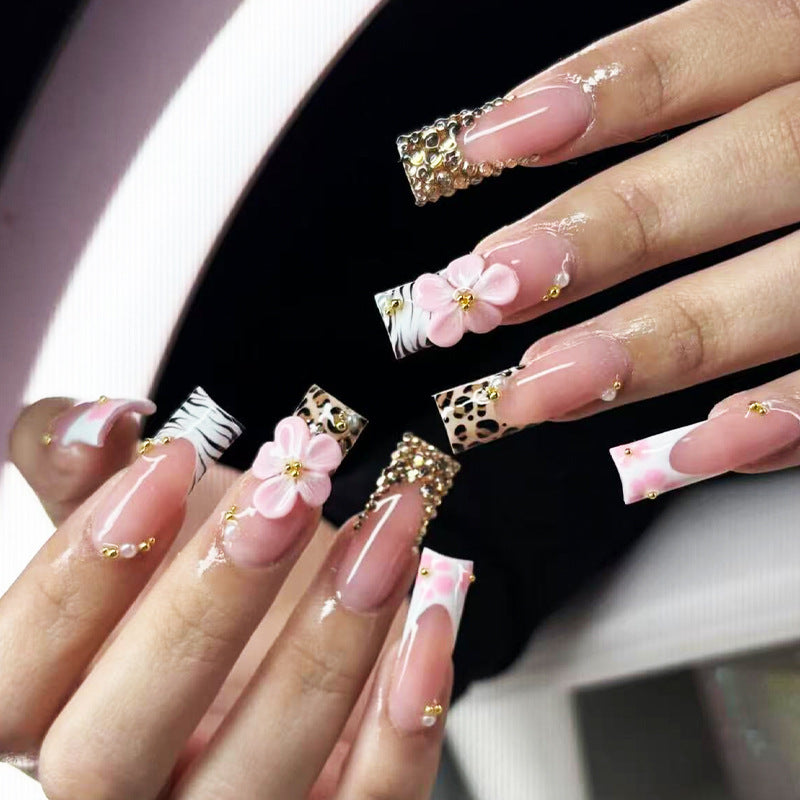 Glamorous Floral Embellished Long Square Pink Nail Set