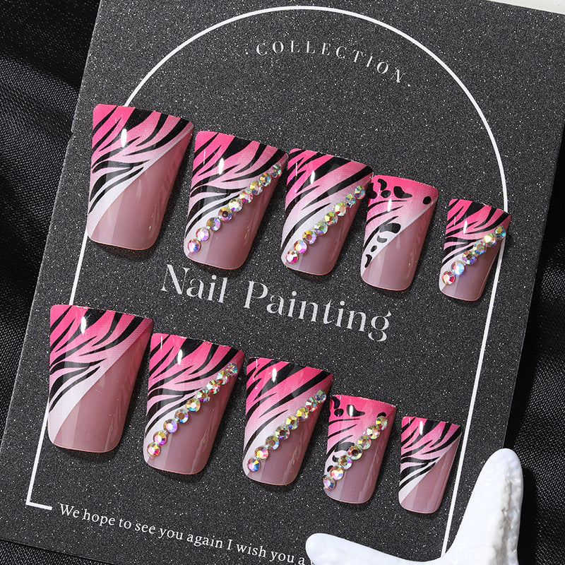 Wild Safari Glam Long Duck Pink with Rhinestone Accents Nail Set