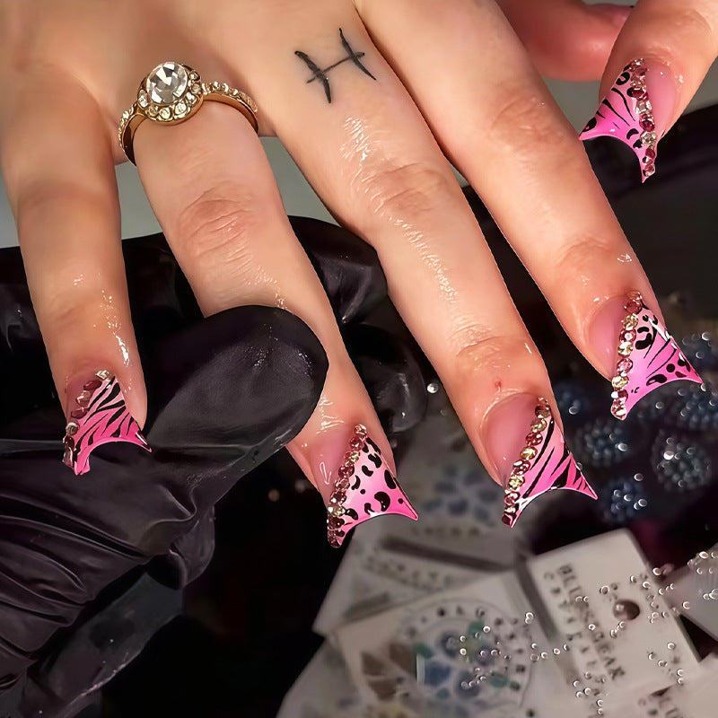 Wild Adventure Long Duck Pink Animal Print with Rhinestones Press-On Nail Set