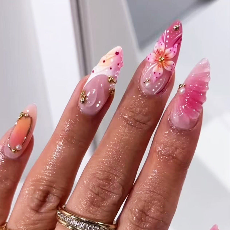 Blooming Elegance Long Stiletto Pink Ombre with Floral Accents Nail Set