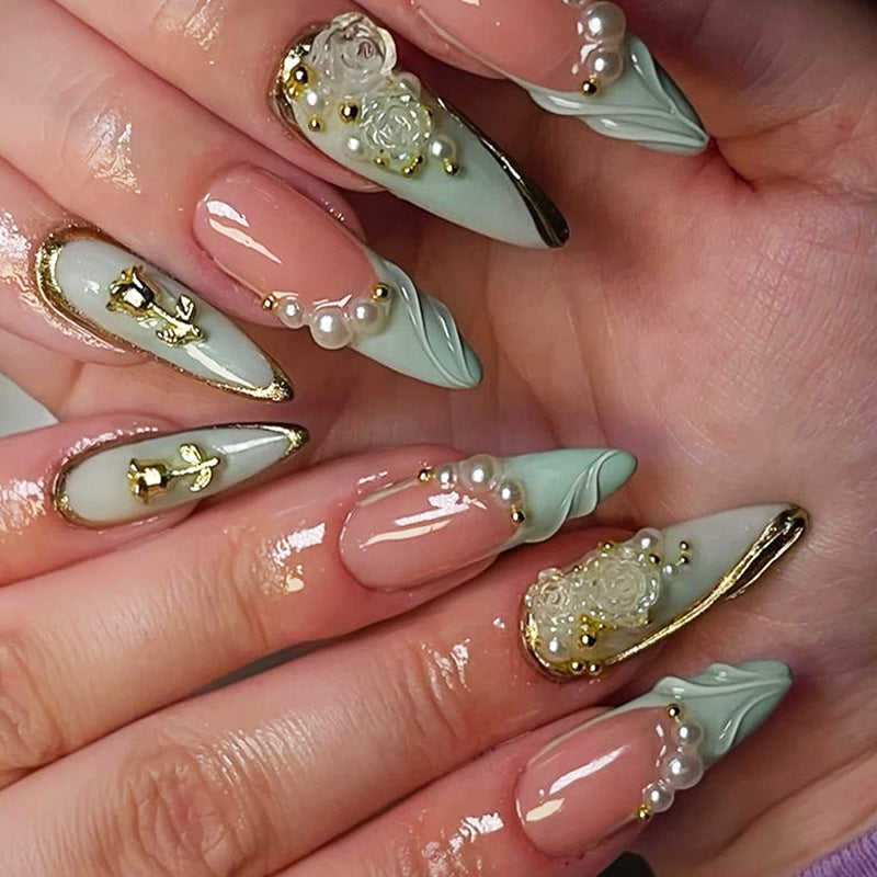 Enchanted Elegance Long Almond Mint Green with Floral Detailing and Gold Accents Press On Nail Set