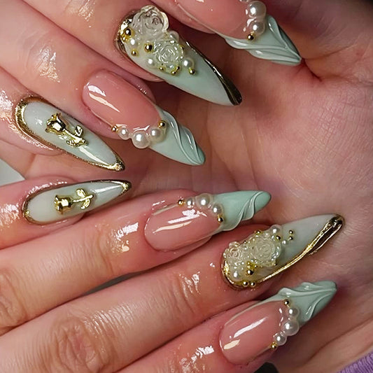 Enchanted Elegance Long Almond Mint Green with Floral Detailing and Gold Accents Press On Nail Set