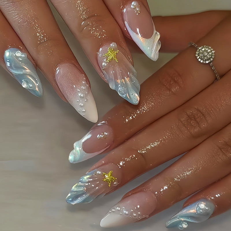 Ocean Breeze Medium Almond Blue and White Swirl Nail Set with Starfish Accents