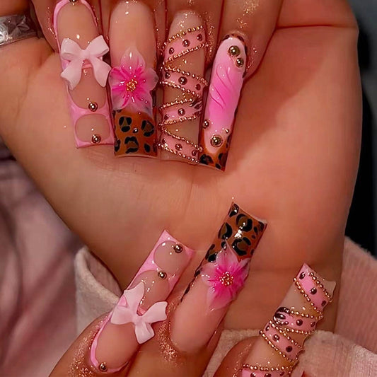Chic Floral Long Square Pink with Leopard Accent Press-On Nail Set