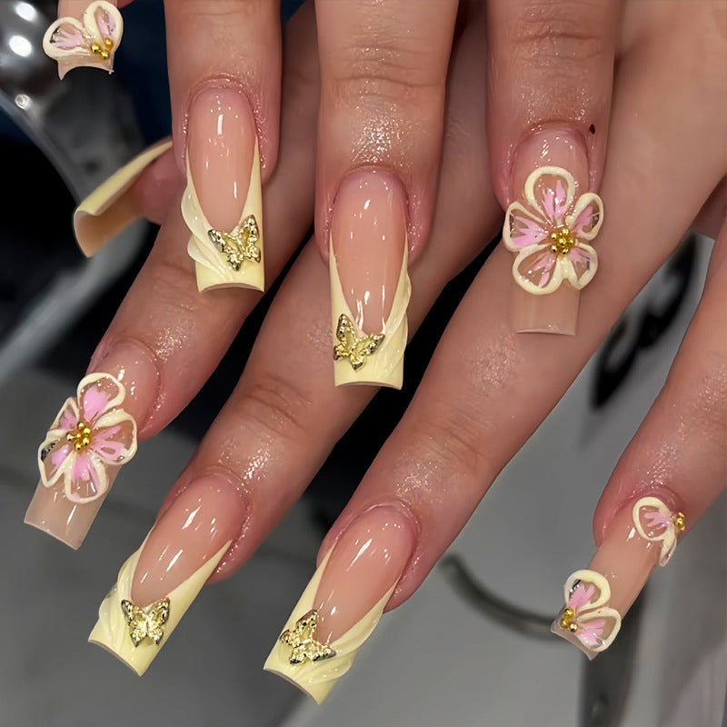 Butterfly Garden Long Square Yellow Floral Design Press On Nail Set