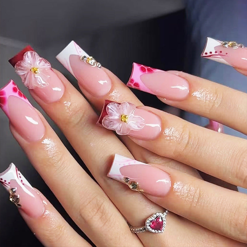 Floral Fantasy Long Square Pink Nails with Charming Flower Accents