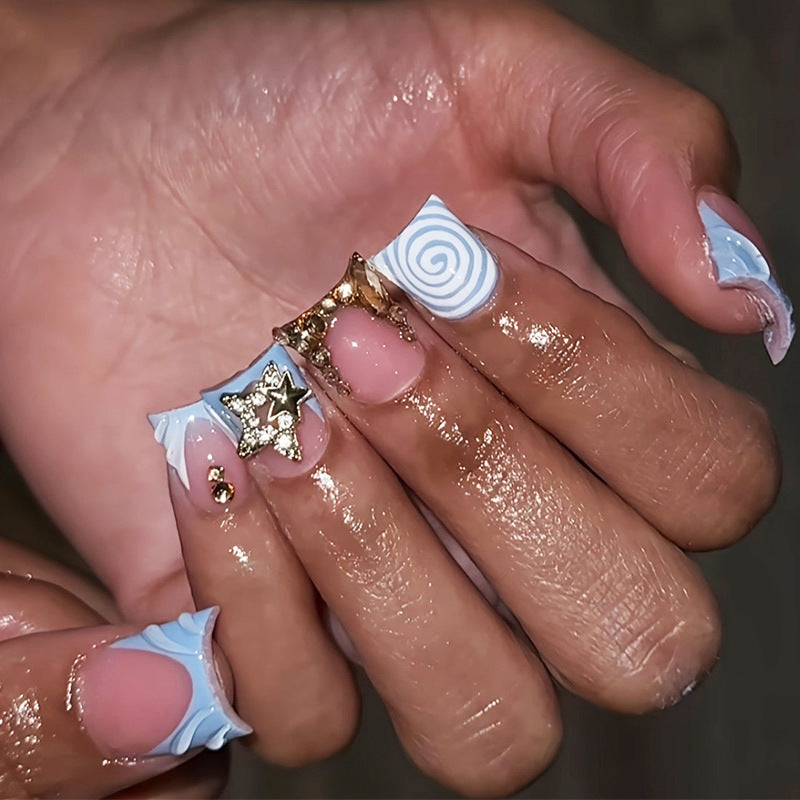 Dreamy Sky Short Square Blue with Chic Gold Accents Press on Nail Set