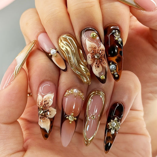 Bohemian Elegance Long Stiletto Brown Floral with Gold Accents Press On Nail Set
