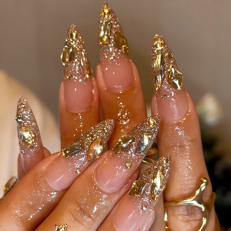 Glamorous Long Almond Blush with Glittering Metallic Accents Press On Nail Set