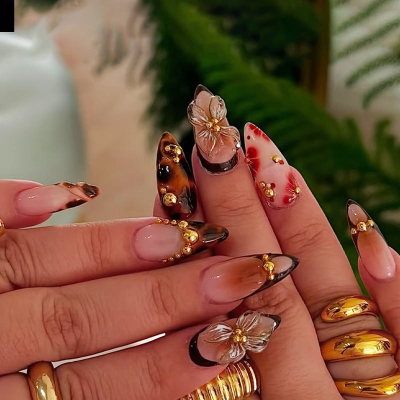 Bohemian Elegance Medium Almond Transparent Orange Ombre with Floral Accents Press On Nail Set