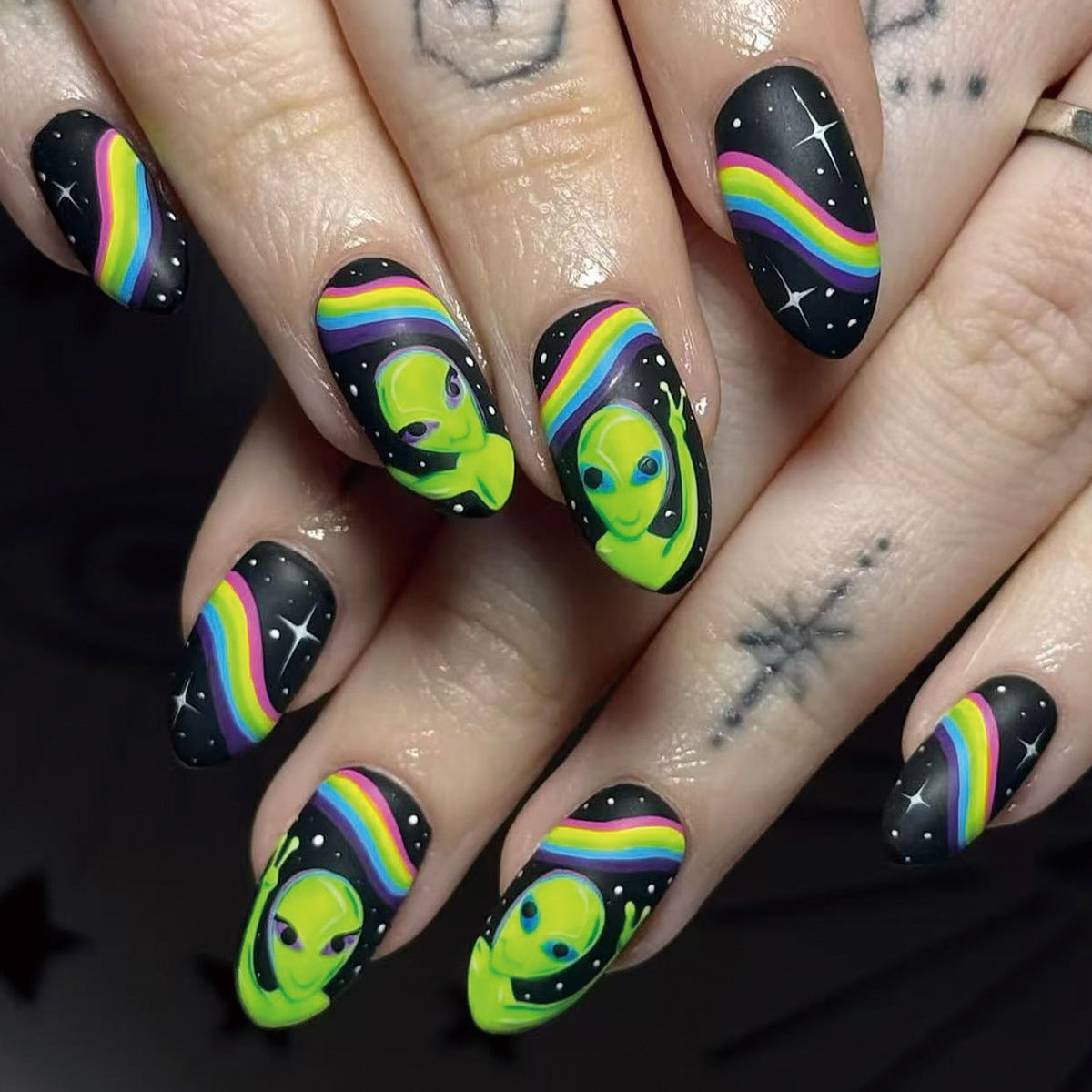 Cosmic Vibes Medium Almond Neon Green Alien Nail Set with Rainbow Accents
