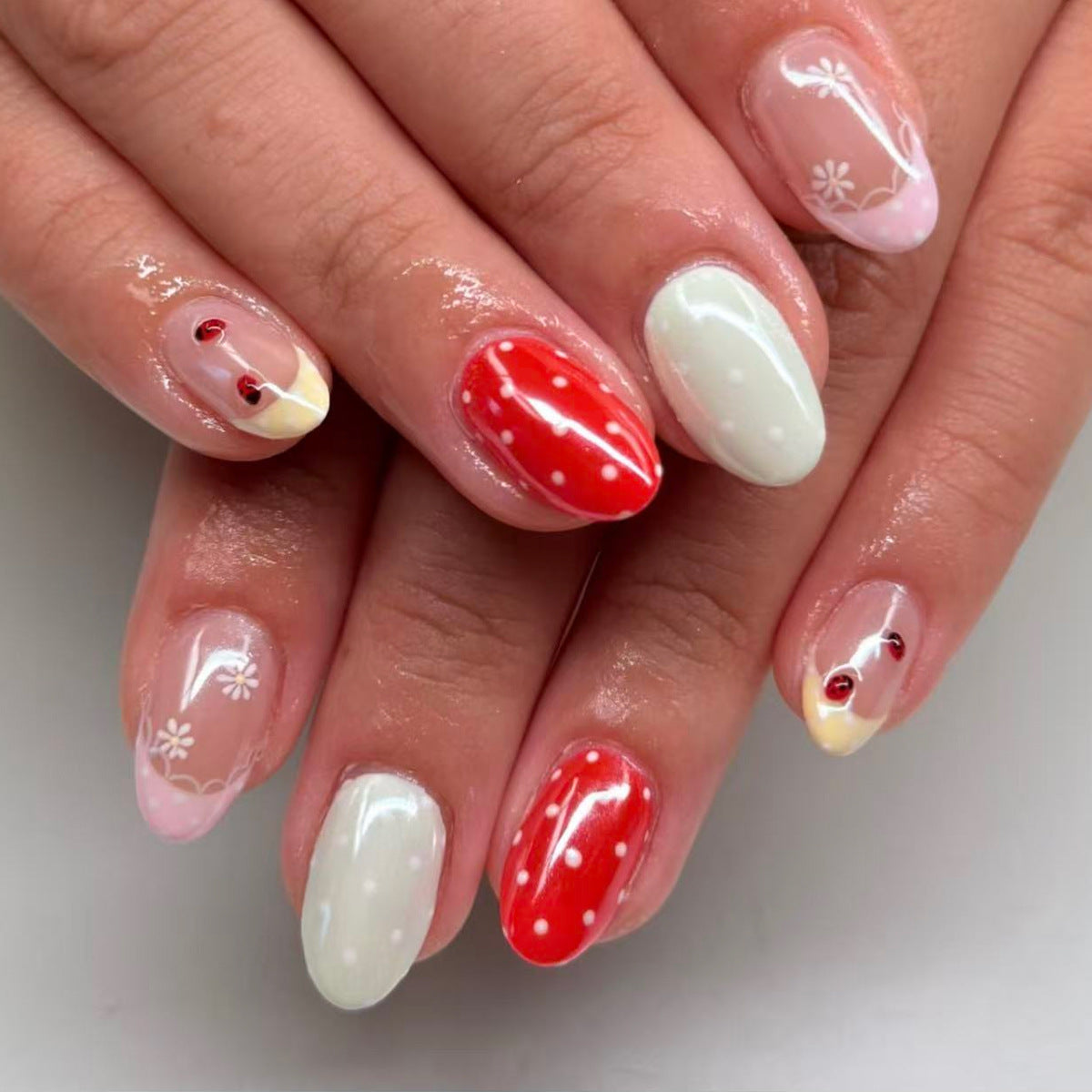 Charming Pastel Medium Almond Red Polka Dot Design Press On Nail Set